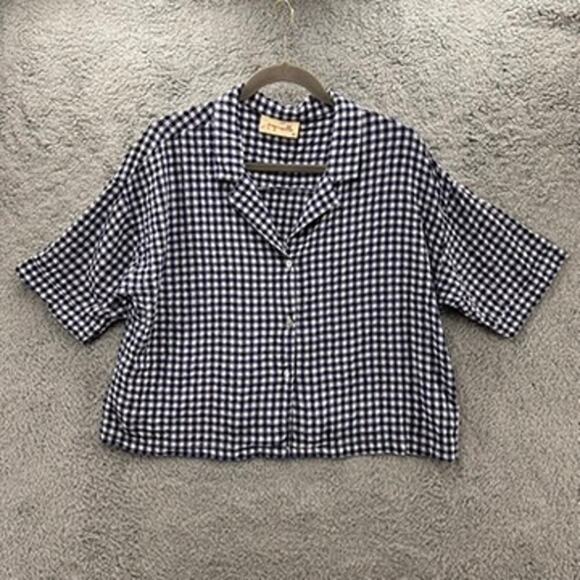 Papinelle Women's Medium Crop Top Button Up Short Sleeves Blue White Checkered - Picture 1 of 9
